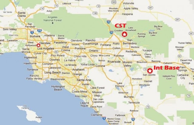 A map of Southern California showing the locations of Scientology's administrative headquarters in downtown Los Angeles, the International Headquarters 90 miles east near the town of Hemet (and home to "The Hole"), and CST's secretive headquarters near Lake Arrowhead to the north, where Shelly Miscavige is believed to be living and working.