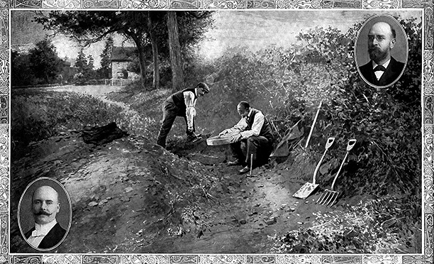 Charles Dawson (left) and Arthur Smith-Woodward search for Piltdown fossils in 1913. Piltdown Man turned out to be a hoax made from parts of a modern human skull, the jaw of an orangutan, and the teeth of a chimpanzee.