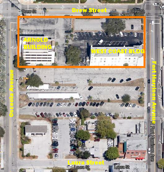 The "super block" the city of Clearwater wanted to attract developers, and the portion purchased by Scientology (orange box).