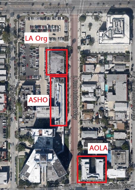 Our quick and crude map of PAC base, showing the relative positions of LA Org, ASHO, and AOLA. Sunset Boulevard is on top, Fountain Avenue at the bottom, and the north-south street in the middle is "L. Ron Hubbard Way."